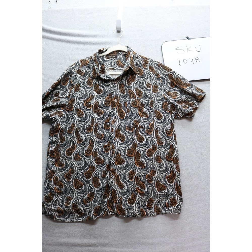 Tasso Elba Shirt Mens XL Black Brown Paisley Silk Rayon Short Sleeve Button Down